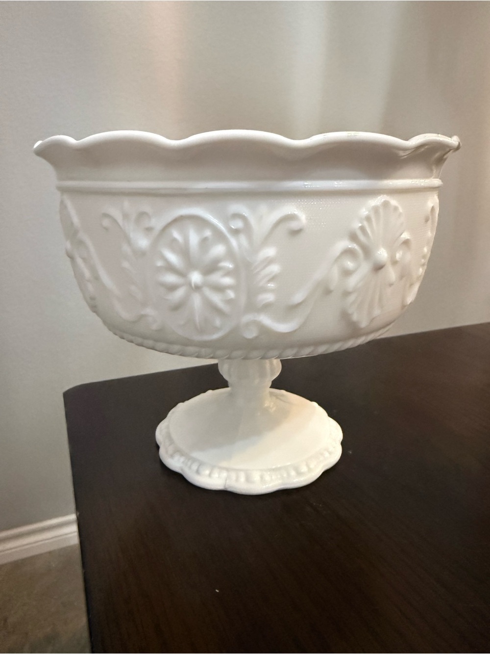 Indiana Glass Co. Milk Glass Floral Pedestal Compote Ruffled Edge 1970's USA